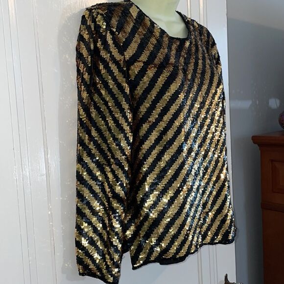 Vtg gold & black sequin striped dressy long sleeve blouse - Picture 7 of 11